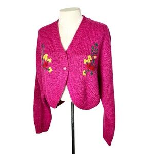 Vintage 80’s cropped sweater cardigan Hot Pink size L International Outlook soft